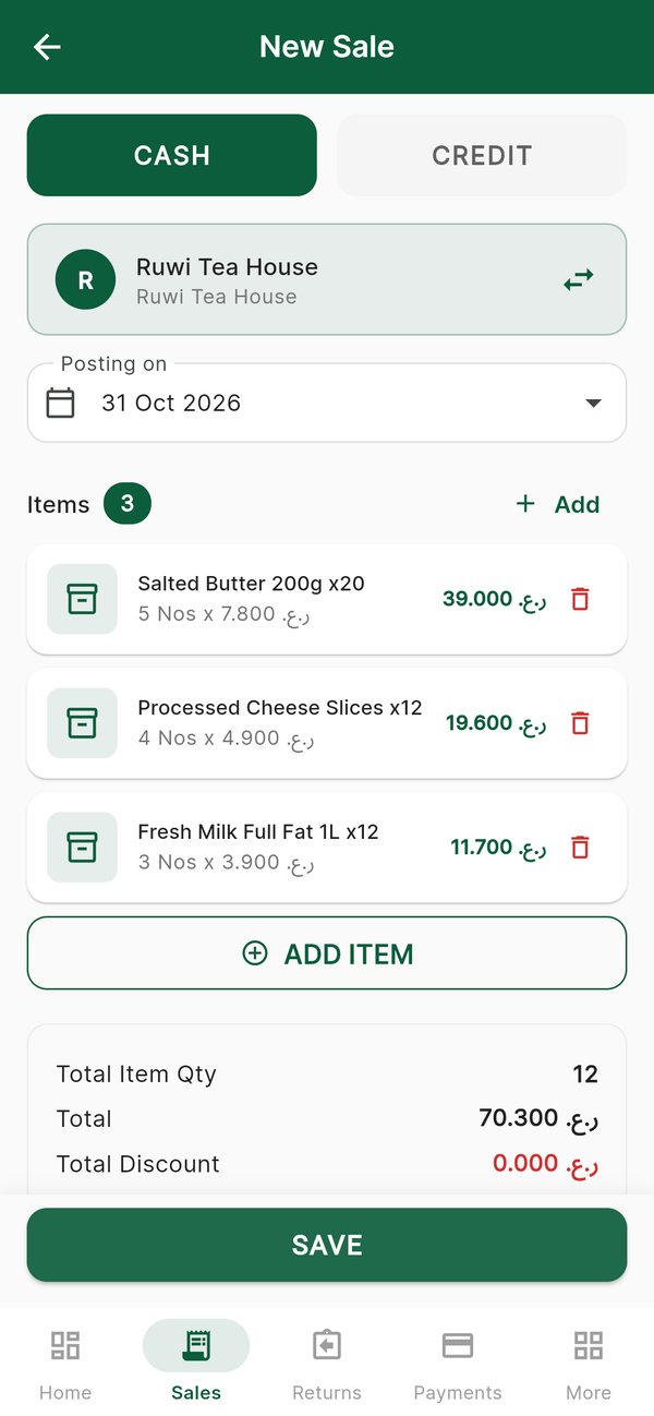 A new cash sale for Ruwi Tea House on the phone: three cartons of dairy with quantities and prices, a 70.300 total and a Save button